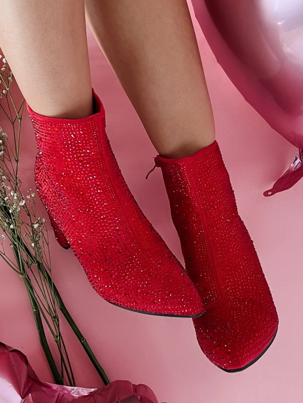NEW🔥 Red Rhinestone Crystal Block High Heel Ankle Boots Booties Pointed Toe Zip - Picture 3 of 5